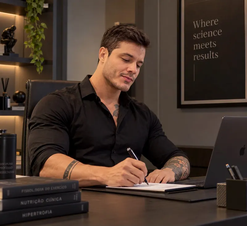 Lucas Rezende de camisa preta, escrevendo numa mesa de escritório escuro, com livros de nutrição e um quadro com a frase Where science meets results ao fundo